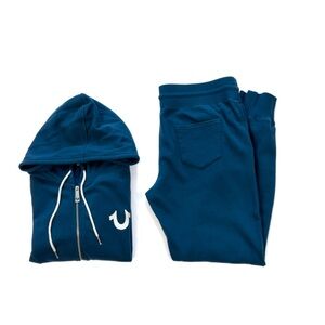 True Religion Women’s Hoodie & Joggers Set Fleece Zip-Up Size XL - Blue